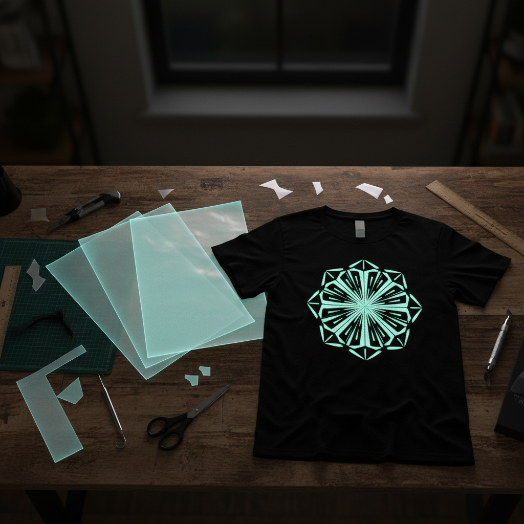 Glow-in-the-dark HTV vinyl sheets on a crafter's desk with a glowing design on a black t-shirt